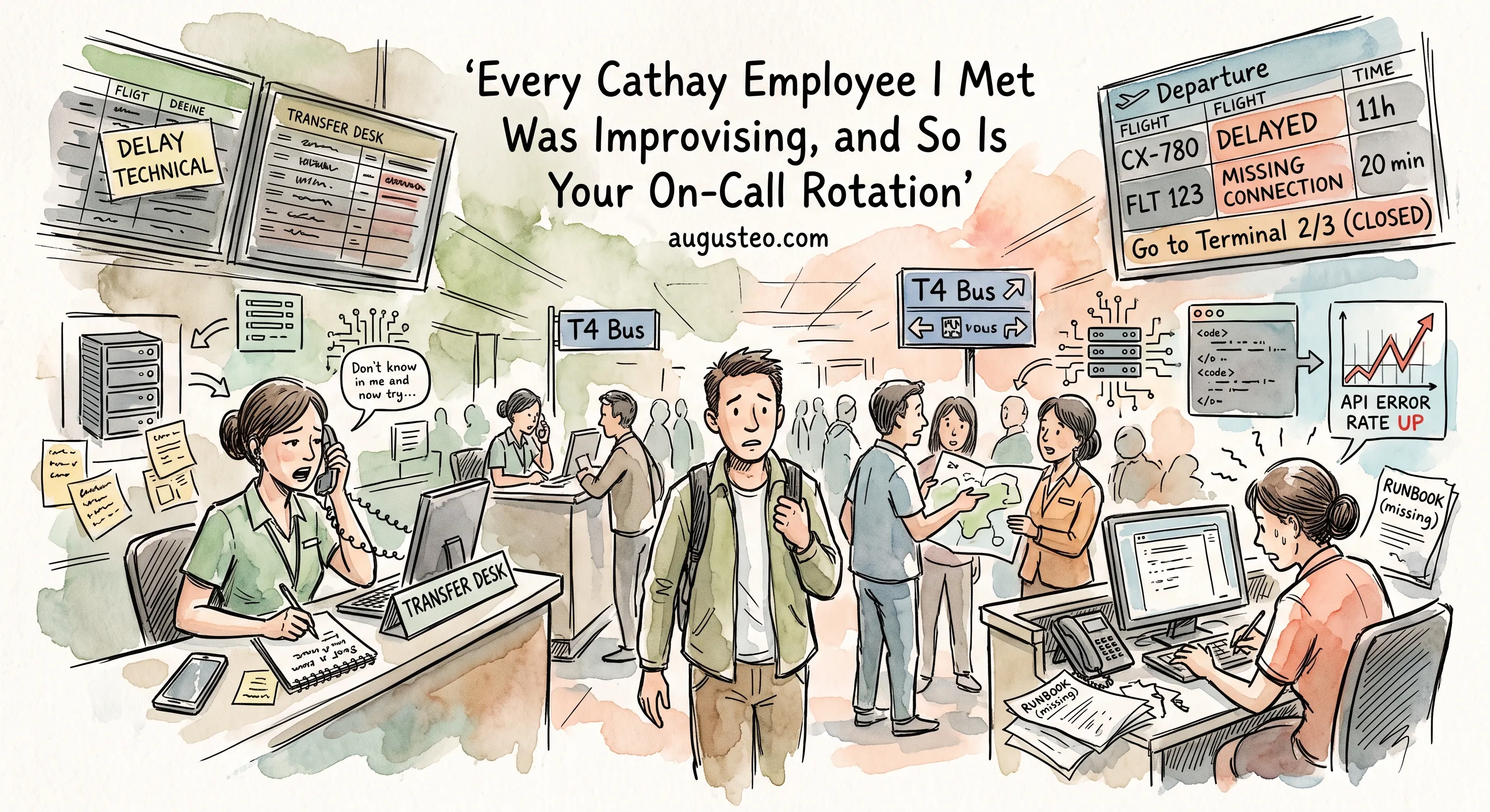 Watercolour illustration of a crowded airport terminal, with a stranded traveller in the centre, staff improvising at a transfer desk and on the phone, delay boards overhead, and papers marked "runbook (missing)" scattered across the desks