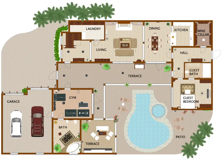 Floor plan with trees and doors
