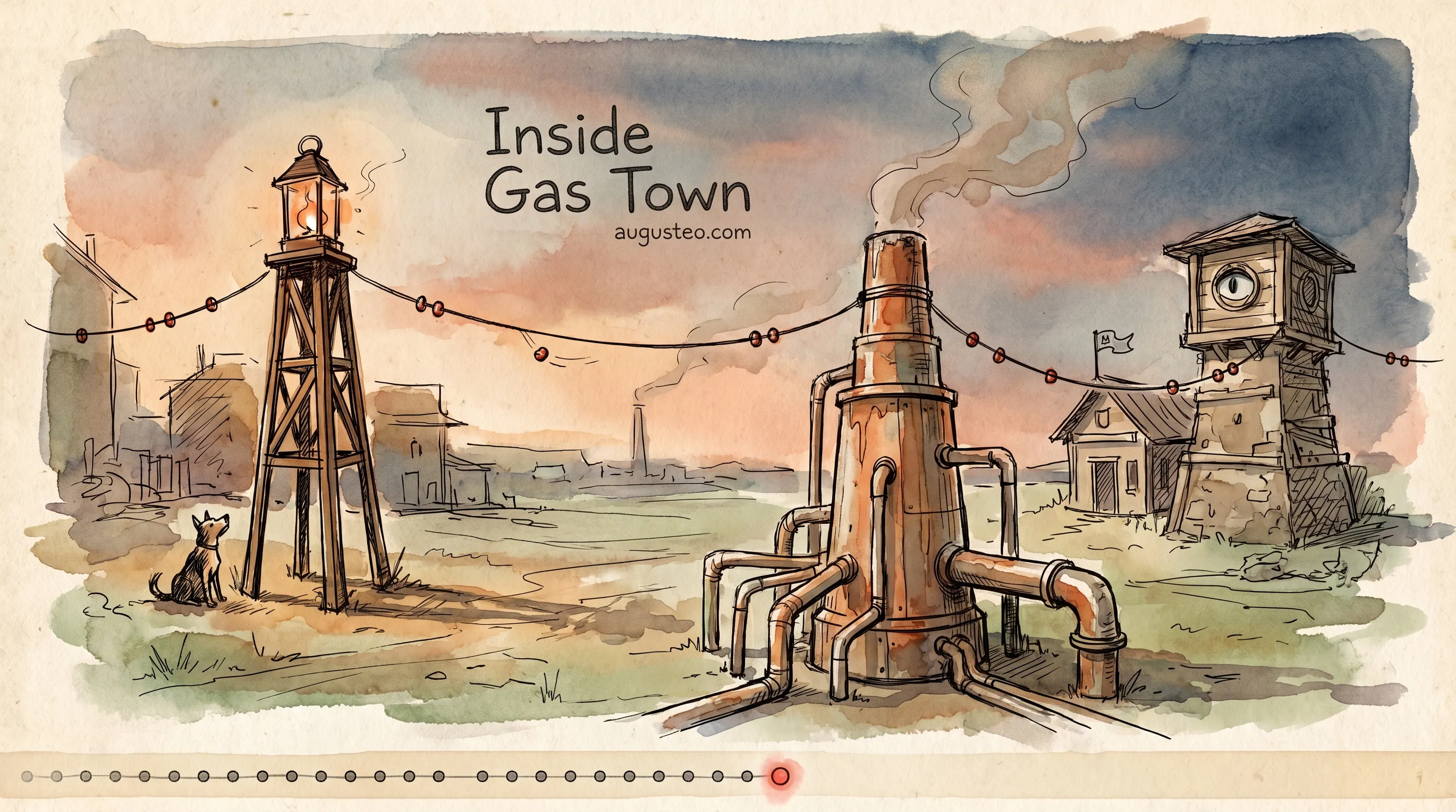 Watercolor frontier town: a lit beacon with a small dog at its base, a piped refinery with rising smoke, and a one-eyed watchtower, linked by a rope of red beads.