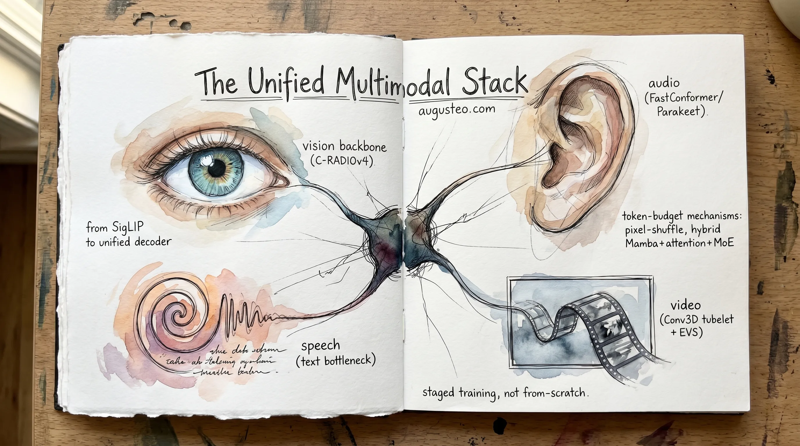 Open sketchbook spread on a wooden desk: a watercolor eye, ear, sound-wave glyph, and film strip converge on a dark central nexus, with the post title hand-lettered above.