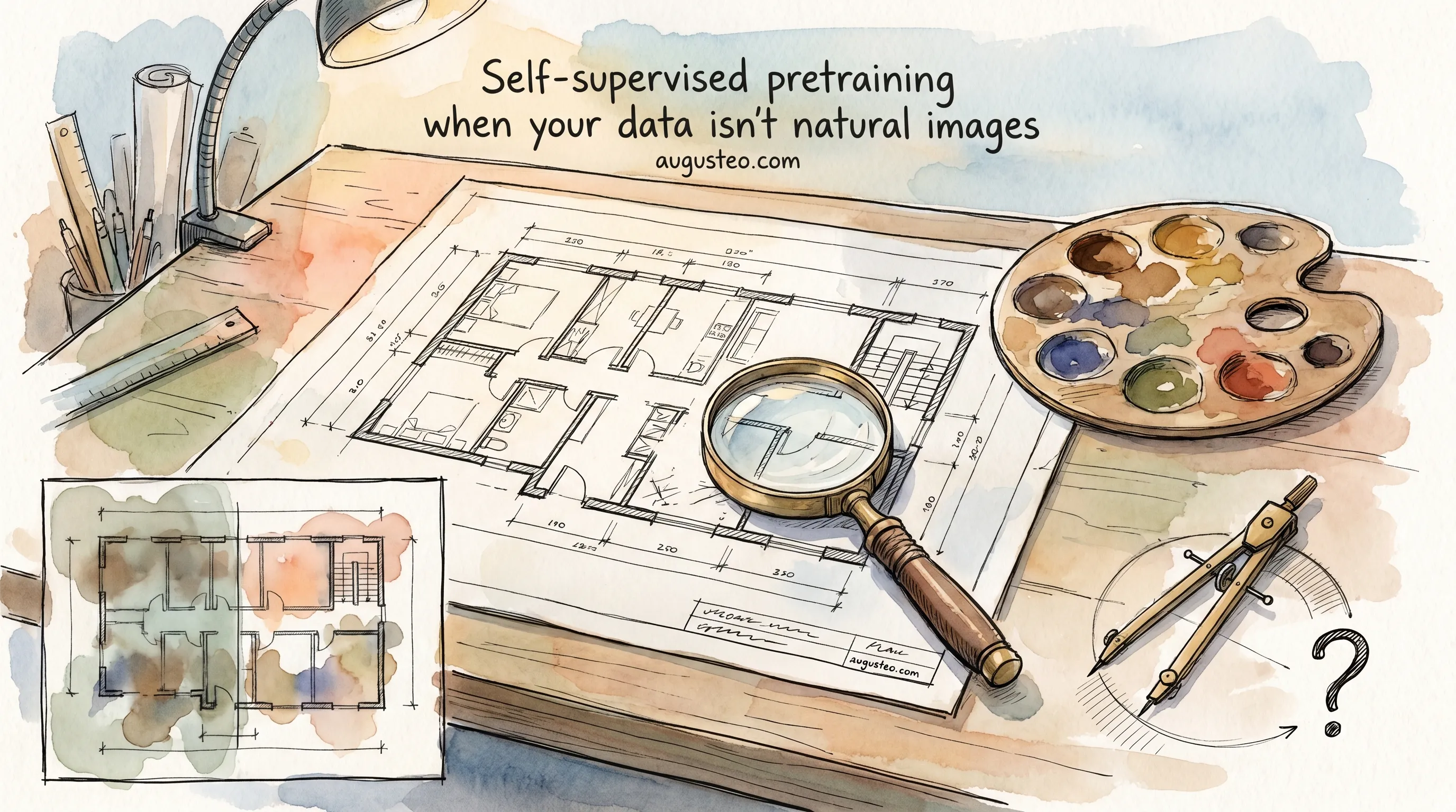 Watercolor and ink sketch of a draftsman's worktable: an architectural floor plan with a brass magnifying glass over it, a wooden artist's palette with earthy paint wells, and a pencil compass tracing a question mark.