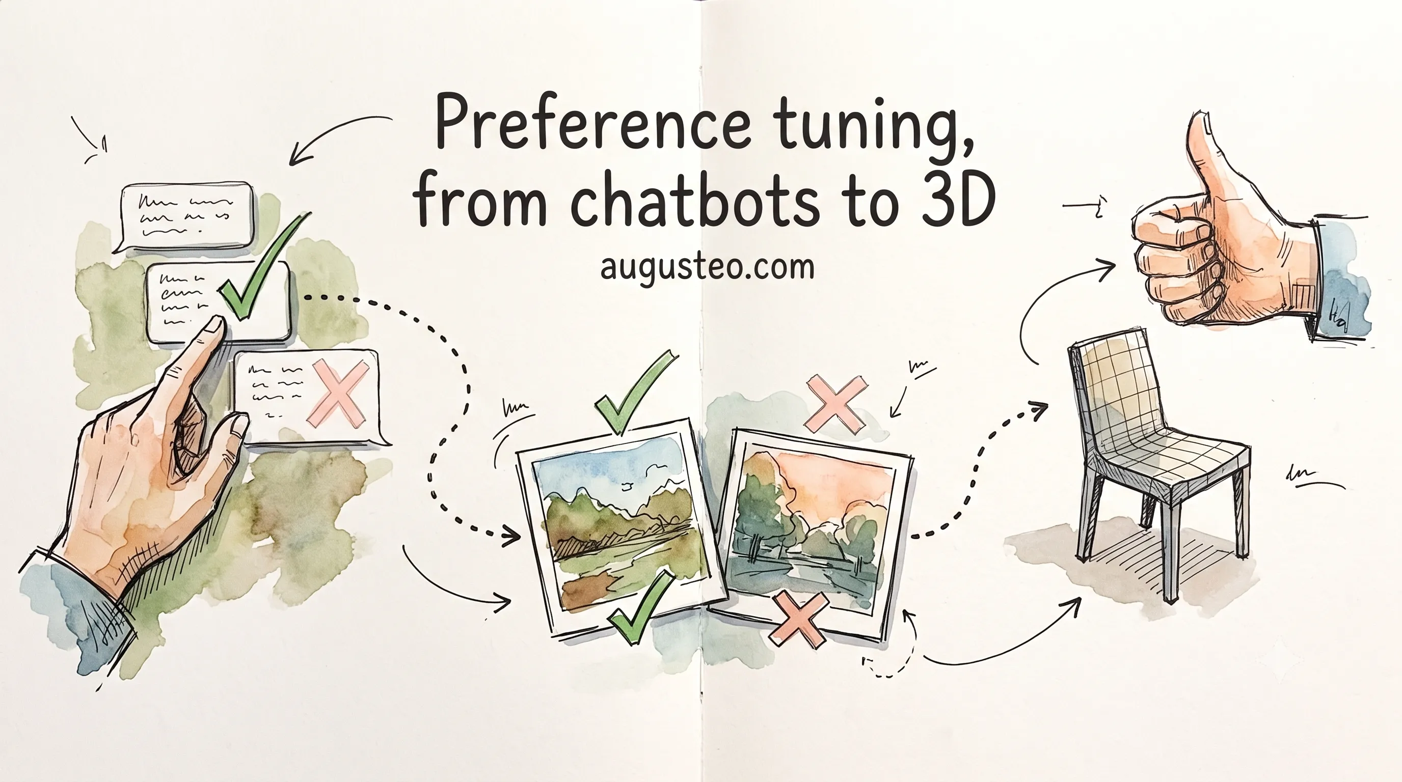 A hand picks the checked chat reply, two landscape sketches get a check and a cross, and a thumbs-up approves a 3D wireframe chair.