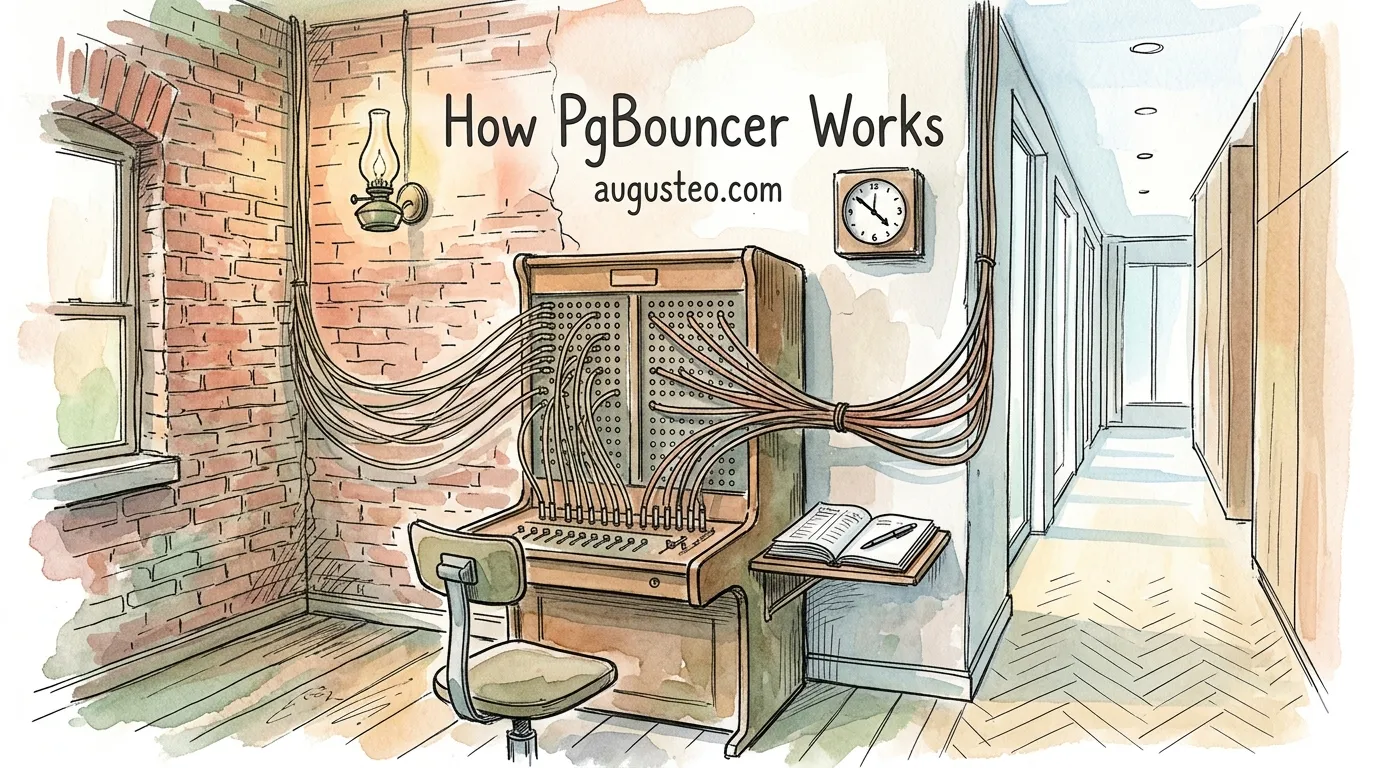A watercolor and ink illustration of a 1920s wooden telephone switchboard standing at the seam between an old brick-walled room with a gas lamp on the left and a bright modern wood-paneled hallway on the right, with many fabric-wrapped cords on the left consolidating into a tight bundle on the right, an open ledger with a pen on a small shelf, an empty operator's chair, and a wall clock between the two spaces.