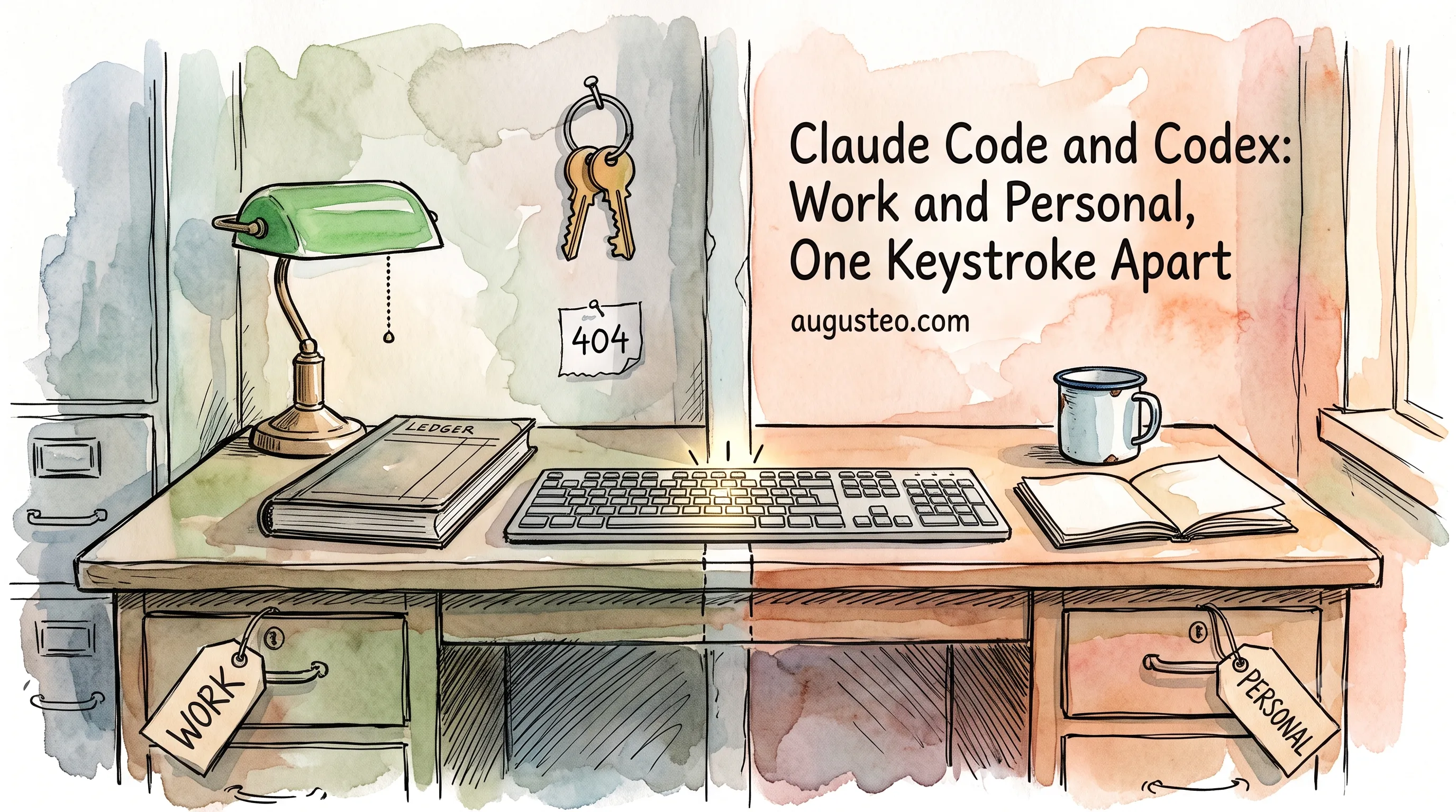 Watercolor and ink sketch of one wooden desk divided down its centre by a seam of light. The left side is cool green with a banker's lamp, a ledger, a filing cabinet and a drawer tagged WORK; the right side is warm pink with an enamel mug, an open sketchbook, a sunlit window and a drawer tagged PERSONAL. A single keyboard bridges the seam with its middle keys glowing, and two brass keys on a ring hang above beside a torn paper note reading 404.